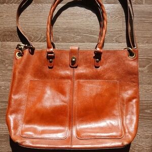 Patricia Nash Cognac Leather Tote Crossbody Handbag with Front Patch Pockets GUC